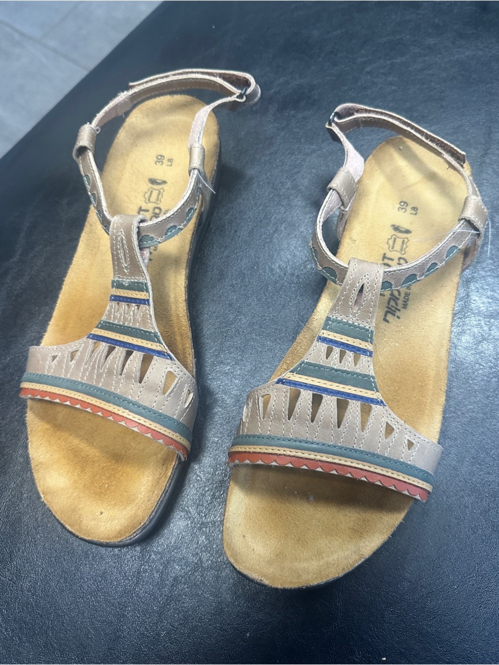 Naot Women's Beige Leather T-Strap Sandals with Blue and Coral Accents